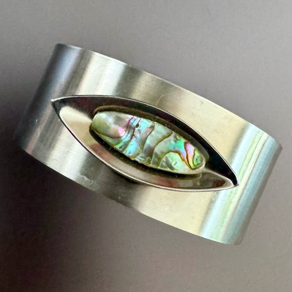 Vintage Abalone Stainless Steel Cuff; Shapes - Sheffield, England